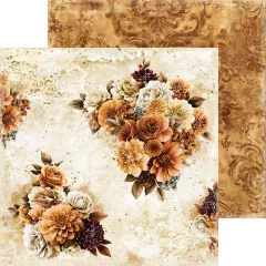 Doppelseitiges Scrapbooking-Papier mit braunen Blumenbouquets und Ornamenten.