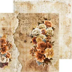 Scrapbooking-Papier mit zerrissenem Rand, Spitzenmuster und Rosen in warmen Farben.