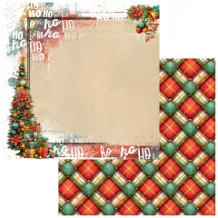 Papier mit Kraftrahmen, Christbaum und Ho-Ho-Schrift, Rückseite mit Karomuster in Rot und Grün