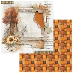 Papier mit gerissenem Rahmen, Sonnenblumen und Baum, Rückseite mit orangem Karomuster