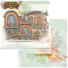 Papier mit Elfenwerkstatt in Backsteinhaus, Rückseite mit Journal-Collage