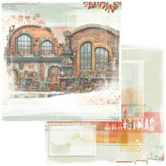 Papier mit Werkstatt-Fassade und Fenstern, Rückseite mit Christmas-Schriftzug