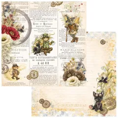Papier mit Zeitungscollage, Vogelscheuche und Blechmann, Rückseite mit Steampunk-Hund