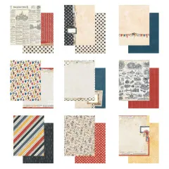 Nahaufnahme aller neun 6x8-Papierdesigns mit Zeitungsdruck, Punktemuster, Rautenmuster und Streifen.