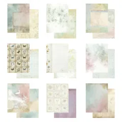 Nahaufnahme der neun Papierdesigns mit Aquarelltönen, Farnmotiven, Schmetterlings-Briefmarken und liniertem Notizpapier.