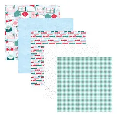 Fünf Designpapierbogen mit Briefumschlägen, Postmarken, Bonbonstreifen und Punkte-Muster