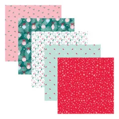 Fünf Designpapierbogen mit Kardinal, Schneeflocken, Tannenzweig und Karo-Muster