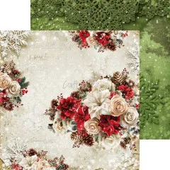 Weihnachtlicher Scrapbooking-Bogen in Grün mit floralen Akzenten und Schneeflocken