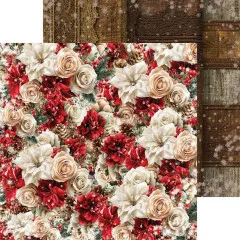 Dichtes florales Muster mit roten und weißen Rosen und Weihnachtssternen auf braunem Grund