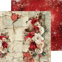 Weihnachtspapier mit rotem Hintergrund, Schneeflocken und floralem Design