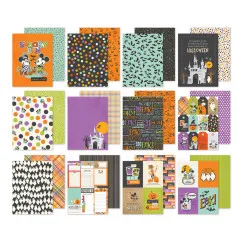 Zwölf doppelseitige Designpapiere des Blocks, u.a. mit Geistern, Kürbissen, Fledermäusen, Karo-Muster und Mickey-Motiven