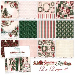 Zwölf Papierbögen des 12x12 Sets im Raster, u. a. mit Nussknacker-Motiv, Patchwork- und Streifendesign.