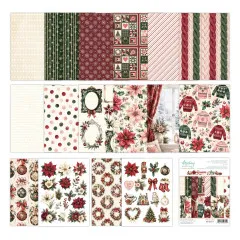 Alle 16 Papierbögen des Sets ausgebreitet, dazu weihnachtliche Sticker mit Weihnachtssternen und Kränzen.