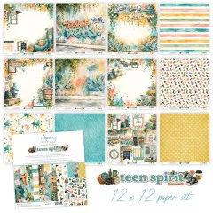 Zwölf Papierbögen des 12x12 Sets im Raster, u. a. mit Graffiti-Schriftzug 'Teenage Dreams' und Sneaker-Muster.