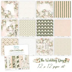 Zwölf Papierbögen des 12x12 Sets im Raster, u. a. mit Brautpaar-Motiv, Spitzen- und Blumendesigns.