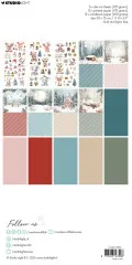 Rückseite mit Übersicht der 6 bedruckten Waldwinter-Designs (Baumstumpf, Pilze, Vollmond, Hütte, Bank, Holzstapel) und den zugehörigen unifarbenen Cardstock-Bögen
