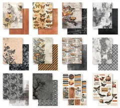 Übersichtscollage der zwölf doppelseitigen 6x8-Designpapiere der Kollektion „Wicked Woods“ mit Schmetterlingen, Pilzen, Kürbissen und Halloween-Mustern in Schwarz, Orange und Grau.