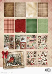 12 Hintergrundmuster (Holz, Stein, Karo, Strick) kombiniert mit 4 Sticker-Bögen aus Fotocollagen, Etiketten und Weihnachtsgrüßen sowie einem gerahmten Scheunen-Foto als Beispiel.