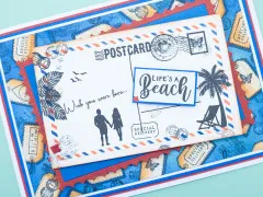 Gestempelte Postkarten-Karte mit Palme, Liegestuhl und Life's-a-Beach-Schriftzug