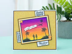Fertige Karte mit Sonnenuntergangs-Silhouettenmotiv, Seesternen und Feeling-Beachy-Sentiment