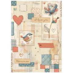 Reispapier Motiv: Patchwork Design mit Vogel, Herzen, Blüten und Liebesmotiven auf Cream