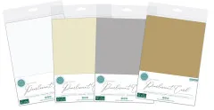 Vier Perlmutt-Karton-Verpackungen im Vergleich: Weiß, Ivory, Silber und Gold