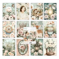 Alle 12 Einzelmotive des Peony Silence Paper Pads: Glassturz mit Pfingstrosen, Portrait, Vogelnest, Reh, Teetassen und Vogelkäfig.