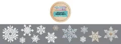 Verpackungsetikett 'Winter in Bloom Snowflakes' sowie Reihe ausgestanzter Schneeflocken-Motive in Weiß, Blau und Gold.