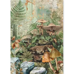 Reispapier-Bogen mit Waldcollage aus Pilzen, Farnen und Steinen im Design The Nature Journal