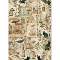 Reispapier-Bogen mit botanischer Pilz-Collage, schwarzen Katzen und Fledermaeusen im Design The Witch's Grimoire