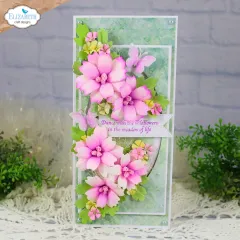 Hochformatige Slimline-Karte mit pink-magentafarbenen Blüten, Spruch „Dance with the wildflowers in the meadow of life“.