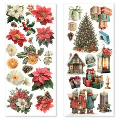 Zwei transparente Klebebögen mit Poinsettien sowie Geschenken, Weihnachtsbaum und Laterne