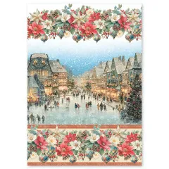 Reispapier-Bogen mit weihnachtlichem Kranz aus Poinsettien, Tannenzapfen und Christbaumkugeln