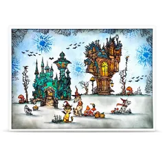 Fünf einzelne Polaroid-Kunstdrucke mit Stempel-Motiven: Hexen-Katze mit Stab, Hexenhüte mit Pilzen, zwei Vogelscheuchen-Szenen mit Zauberstäben, alle mit buntem Glitzer und Farbverlauf-Hintergrund