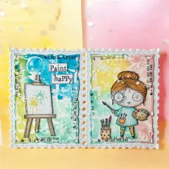 Doppelseitige Postkarte im Briefmarken-Design mit Stempelmotiven von Janet Klein