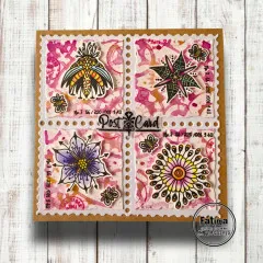 Postkarte aus vier Briefmarken mit Käfer, Stern und Mandala-Blüten in Pink