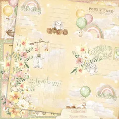 Little One Keepsake Postkarten-Papier mit Baby-Motiven: Hello Baby, Post Card, Ballons, Hasen, Blüten auf cremefarbenem Untergrund