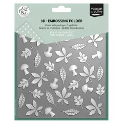 Verpackung des Vaessen Creative 3D-Prägefolders 'Leaves' von Carla Creates mit geprägtem Blätter- und Pilzmuster, 15x15 cm