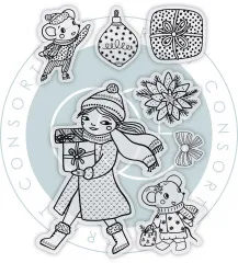 Ansicht des unkolorierten Stempelbogens mit Mädchen-, Maus- und Geschenk-Motiven