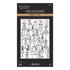 Verpackungsvorderseite mit Press-&-Foil-Platte im Muster aus Vintage-Schneiderpuppen und Kleidern in Schwarz-Weiß