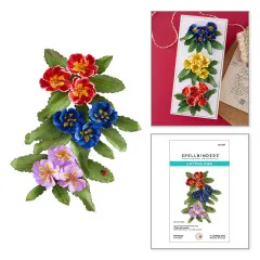 Collage aus Blüten, fertiger Karte und Verpackung.