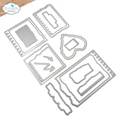 Produktfoto aller 18 Stanzformen des Sets „Notebook Fragments“ mit Notizzetteln, Herz, Pfeilen und Bordüren-Formen.
