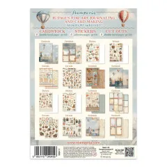 Produktübersicht Junk Journal Family: Rückseite mit 16 Seiten, Cardstock, Sticker und Cut-Outs Varianten, Größe A4, EAN und Website