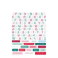 Zweiter Stickerbogen mit gemustertem Alphabet und weihnachtlichen Spruchbändern