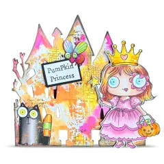3D Mixed Media Kunstwerk mit Pumpkin Princess vor buntem Schloss, Eule, Sterne, Gold-Akzente, bunte Wasserfarben-Effekte