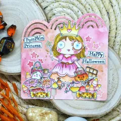 Rosa geprägte Geschenk-Tag mit Pumpkin Princess Charakter, Krone, Kürbis, Süßigkeiten, Sterne, Happy Halloween Text