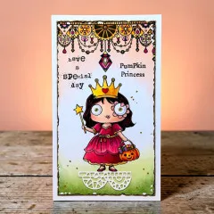 Handgefertigte Geburtstagskarte "have a special day" mit Pumpkin Princess, dekorative Gold-Ornamente, Sterne, Kürbiskörbchen