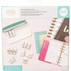 Planner Punch Board Verpackung mit Produktübersicht und Anwendungsbeispiel an Planern mit Locher