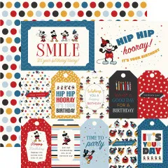 Designpapier mit farbigen Punkten in Rot, Blau, Gelb, Schwarz und ausgestanzten Stickern mit Geburtstagstexten und Micky Maus Motiven