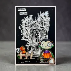Vierfach geteilte Scrapbooking-Karte mit verschiedenen gestempelten Halloween-Motiven: Blüten, Biene, Fledermaus, Eulen auf farbigen Hintergründen